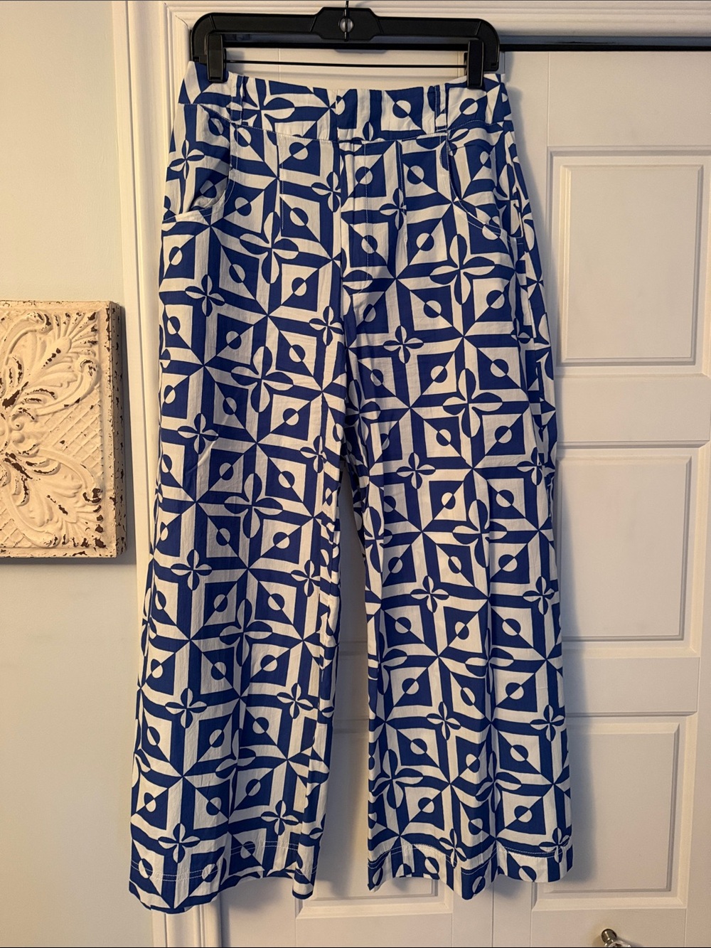 Free People Blue & White Geometric Wide-Leg Pants